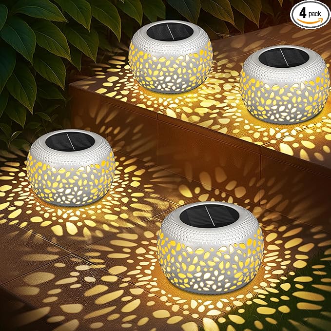 Solar Lanterns Outdoor Waterproof: 4 Pack White Hollow Out Metal Solar Lights by NFEVER