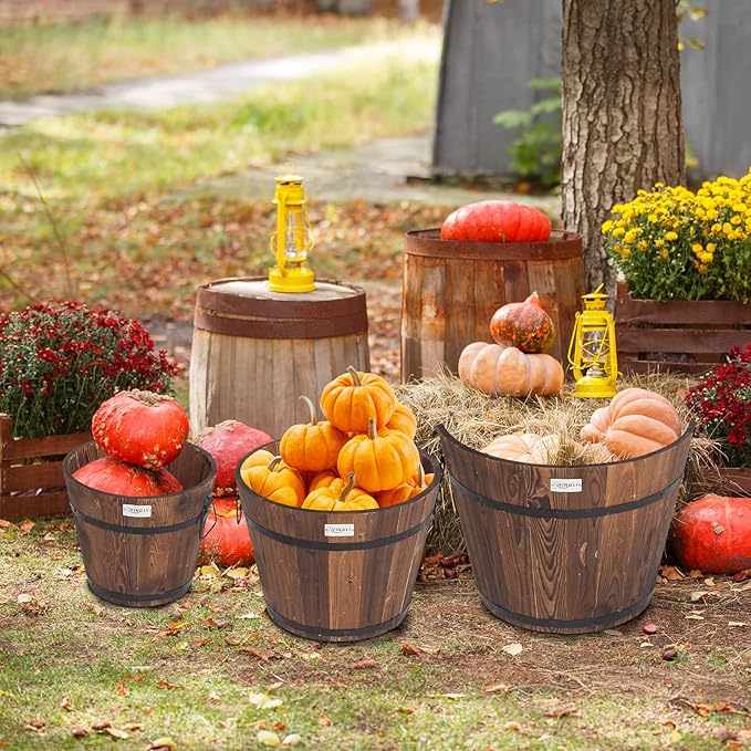 VINGLI 3 PCS Large Wooden Planter Barrel Set, 11.5"- 18" Real Wood - Image 7