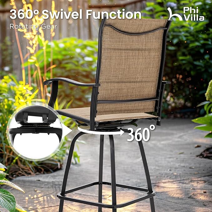 PHI VILLA Outdoor Bar Set with 4 Swivel Bar Height Patio Chairs, Wooden-Like - Image 3