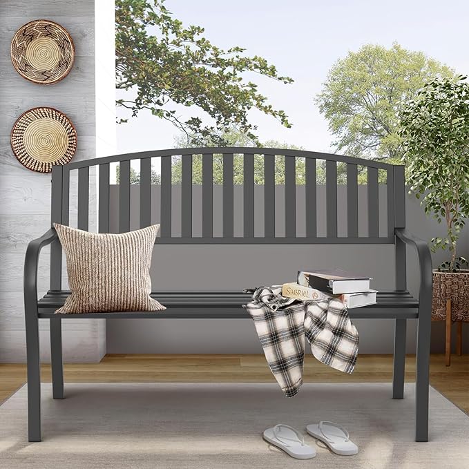On Shine 50'' Outdoor Bench Weatherproof, Cast Iron All Metal Frame Garden Bench - Image 2