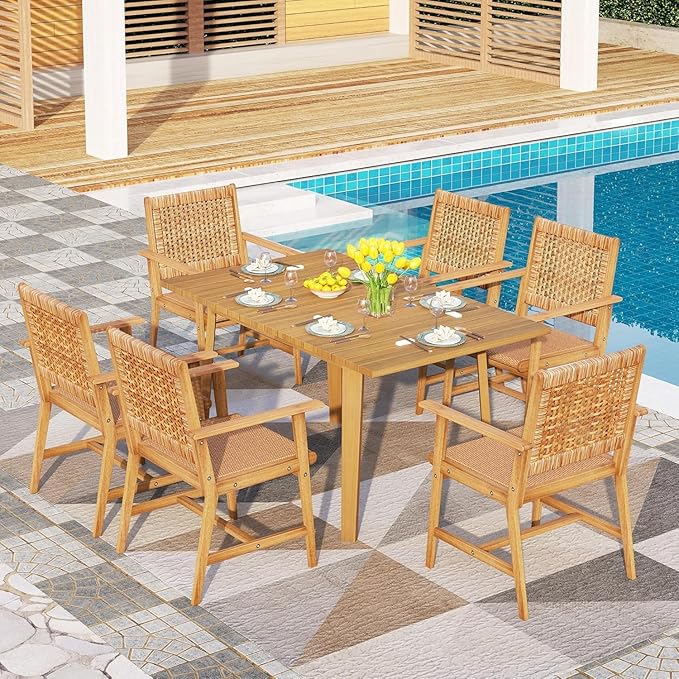 PHI VILLA 7 Pieces Acacia Wood Outdoor Dining Set - Image 7