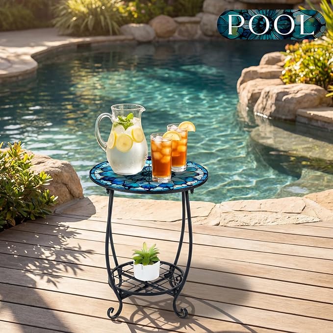 Outdoor Side Table Round Small Mosaic Patio Accent Indoor End Plant Coffee Tea - Image 2