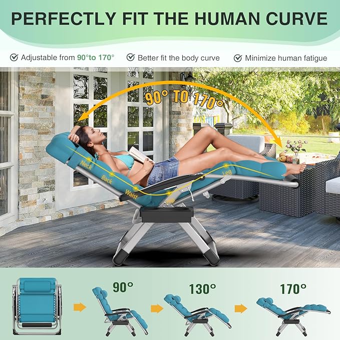 Suteck Oversized Zero Gravity Chair, 29In XL Outdoor Recliner Chair w/Removable - Image 5