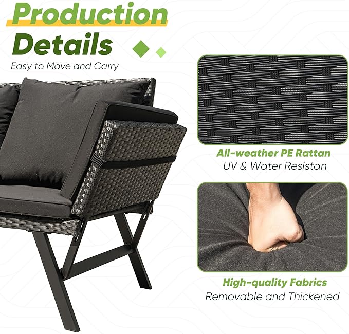Greesum Outdoor Sofa, Woven Rattan Patio Furniture, Convertible Daybed or - Image 7