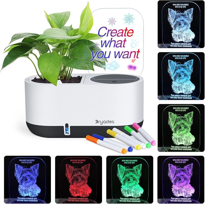 Self-Watering Plant Pot with LED Note Board & 7 Colors Pen, Led Acrylic Message by Dryades