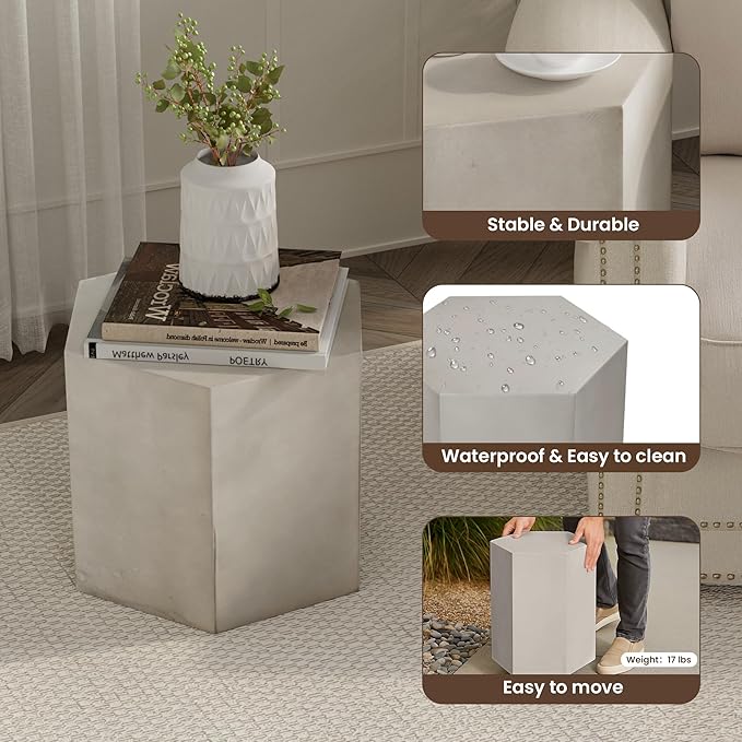 COSIEST Concrete Accent Table, Hexagon Patio Side Table 14.5''Wx12''H, Modular - Image 5