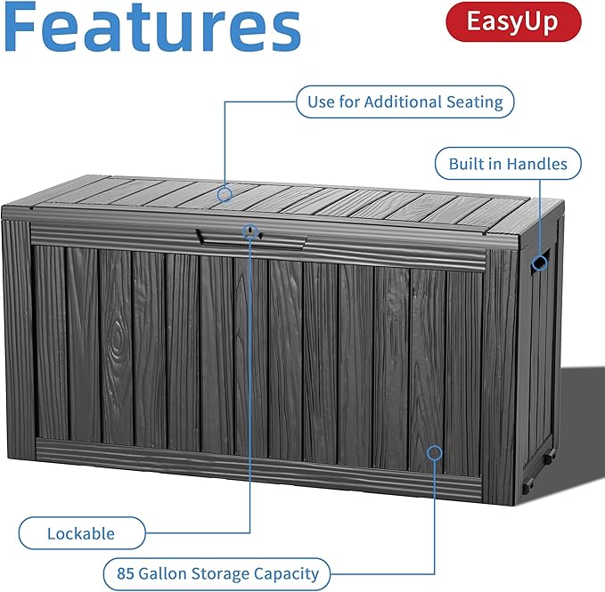 EasyUp 85 Gallon Outdoor Storage Box, Resin Waterproof UV-Resistant Deck Box - Image 3