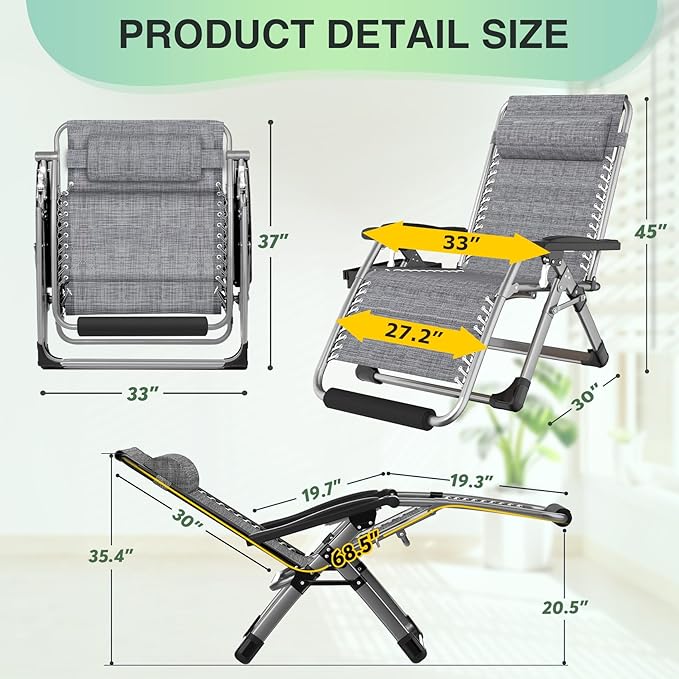 Suteck Oversized Zero Gravity Chair, 33In XXL Outdoor Recliner Chair - Image 2