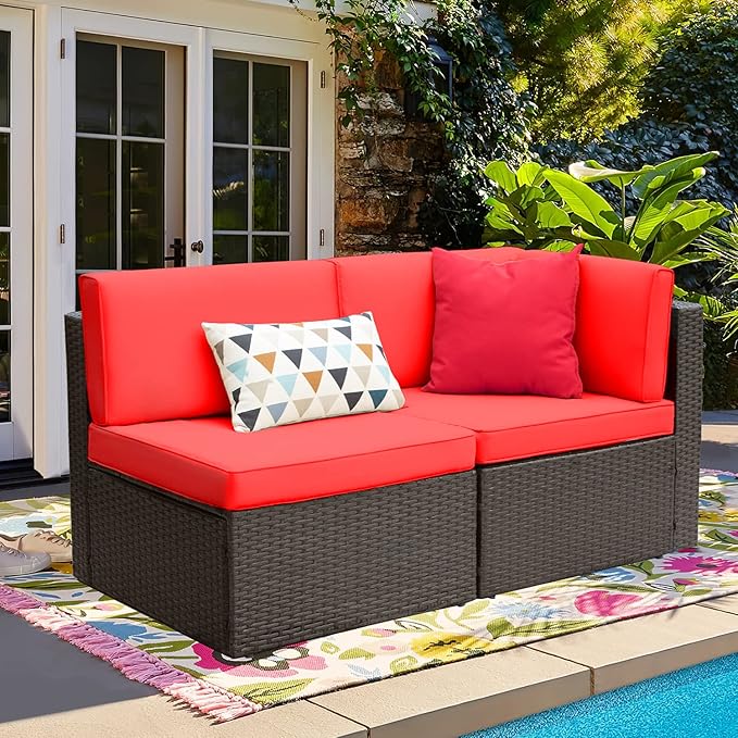 Devoko 2-Piece Modern Red Rattan & Metal Patio Sofa Set - Image 2