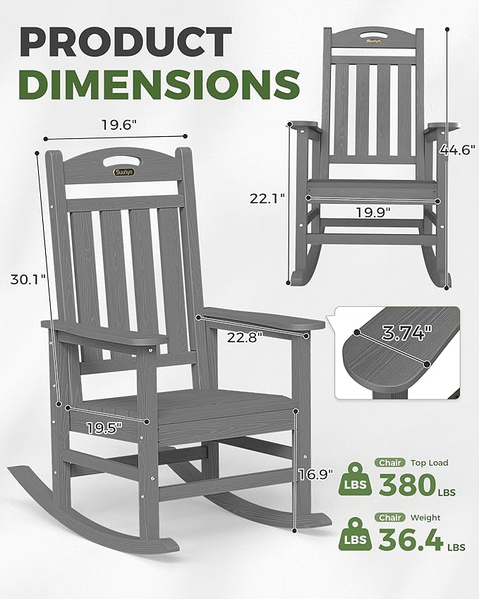 Oversized Outdoor Rocking Chair Set of 4, High Back Porch Rocker Chair - Image 3