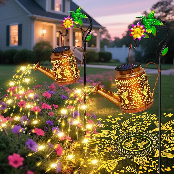 2 Packs Solar Watering Can Lights Hummingbird Garden Decor, Hanging Lanterns by EDOF