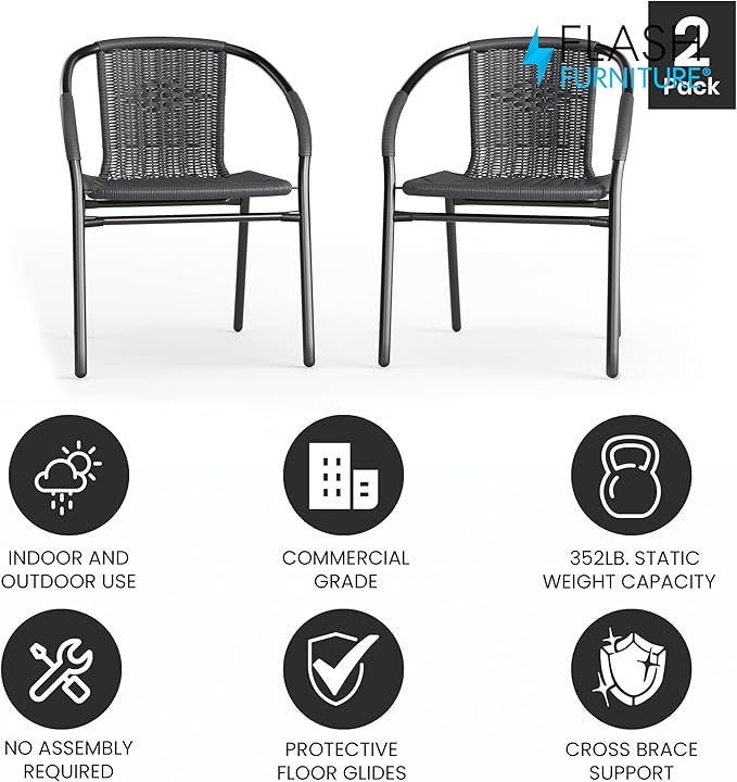Flash Furniture Lila 2 Pack Gray Rattan Indoor-Outdoor Restaurant Stack Chair - Image 4