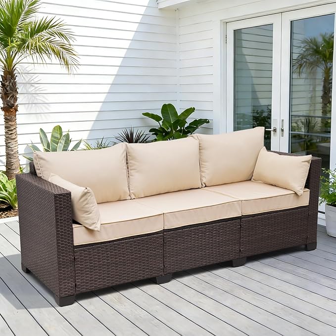WAROOM Patio Couch PE Rattan 3-Seat Outdoor Sofa Brown Wicker Furniture Set - Image 2