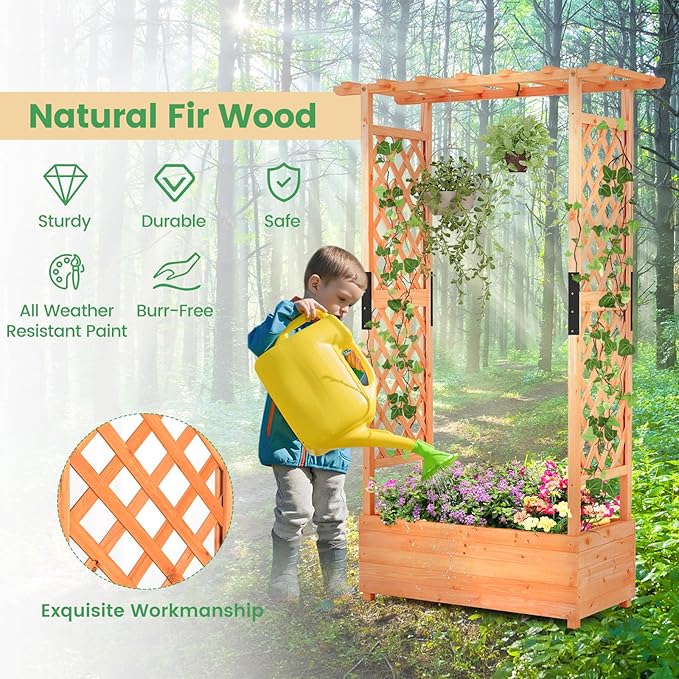 Giantex Raised Garden Bed with Trellis & Hanging Roof, Wood Planter Box with - Image 4