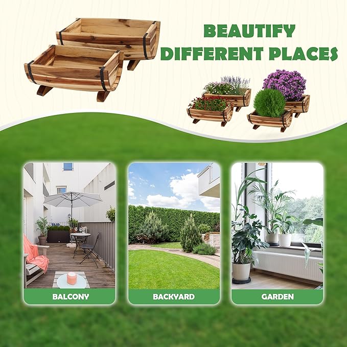 Solid Acacia Wood Half Barrel Planters Outdoor Set of 2 Different Sizes - Image 6