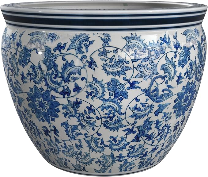 Red Lantern 16" Floral Blue & White Porcelain Fishbowl Planter - Image 7