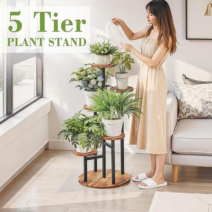 VECELO 5 Tier Plant Stand Indoor Outdoor, Tall Metal Wood Flower Shelf - Image 2