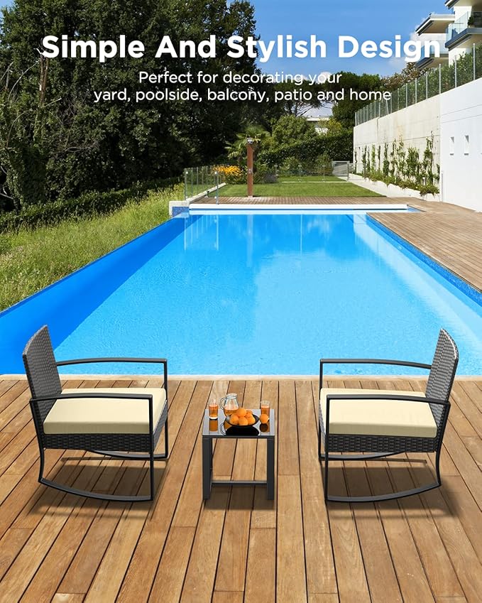 3 Pieces Porch Furniture Set Patio Rocking Bistro Set Outdoor Patio Chairs - Image 8