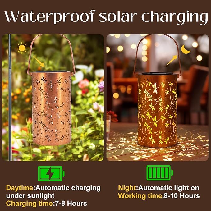 4 Pack Solar Lanterns Outdoor Hanging Lantern Lights, Dragonfly Hollowed-Out - Image 2