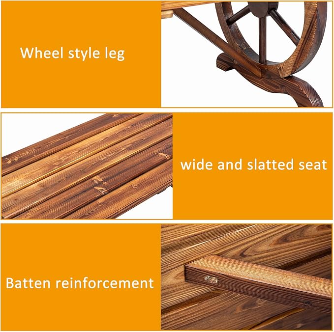 VINGLI Rustic Wooden Wheel Bench Outdoor Bench, Patio Bench Wagon Slatted Seat - Image 5