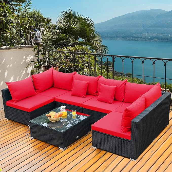 Tangkula 7 Piece Patio Furniture Set, Outdoor Sectional Sofa w/Pillows and - Image 4