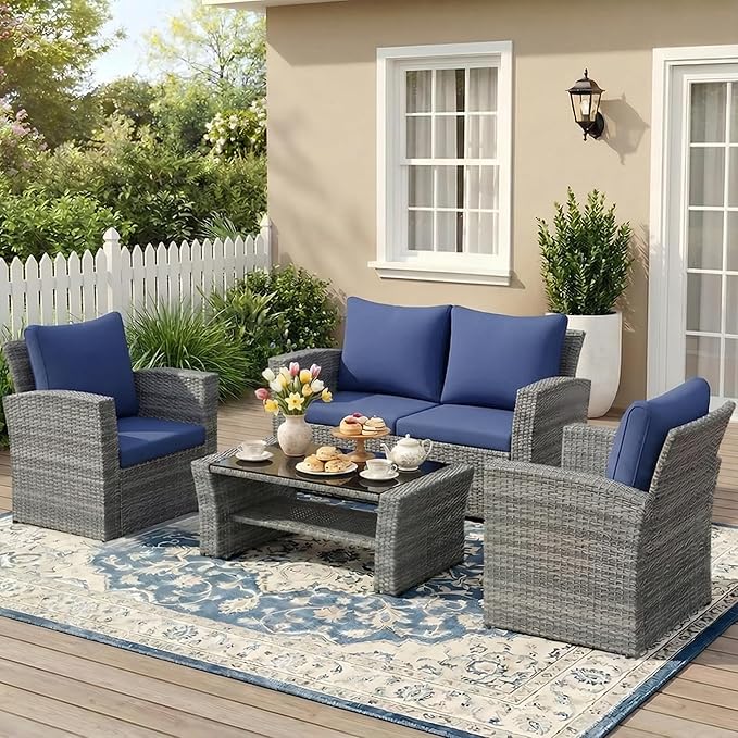 Wisteria Lane 4 Piece Patio Furniture Set, Wicker Outdoor Patio Conversation by WisteriaLane