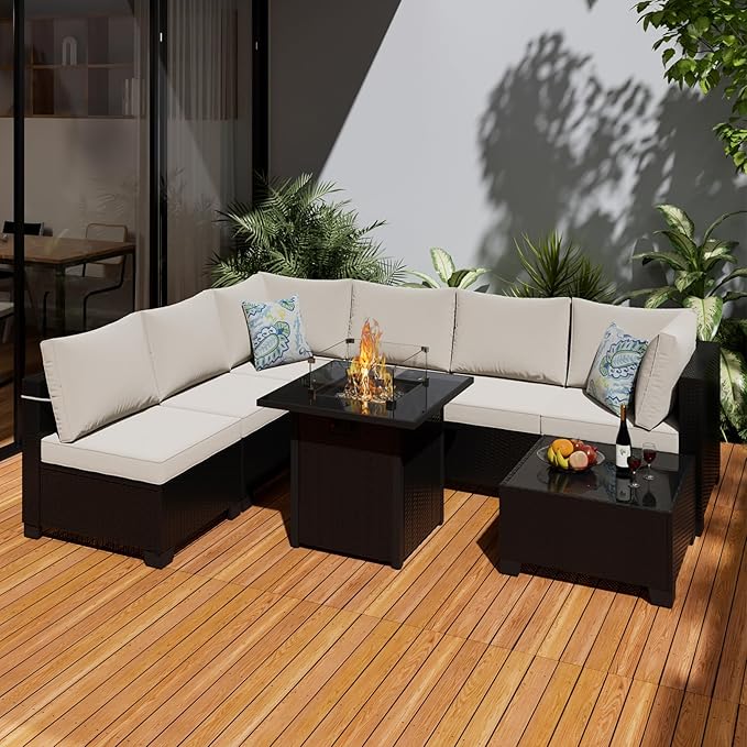 8 Pcs Patio Furniture Set with Fire Pit Table Wicker Outdoor Sectional Sofa - Image 8