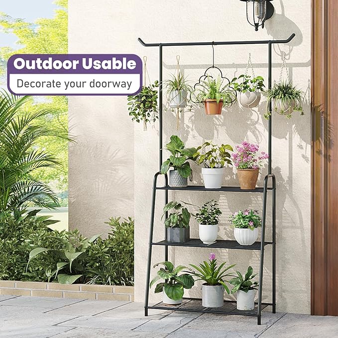 Metal Plant Stand Indoor Outdoor, 3 Tier Tall Corner Plant Shelf, Hanging - Image 4