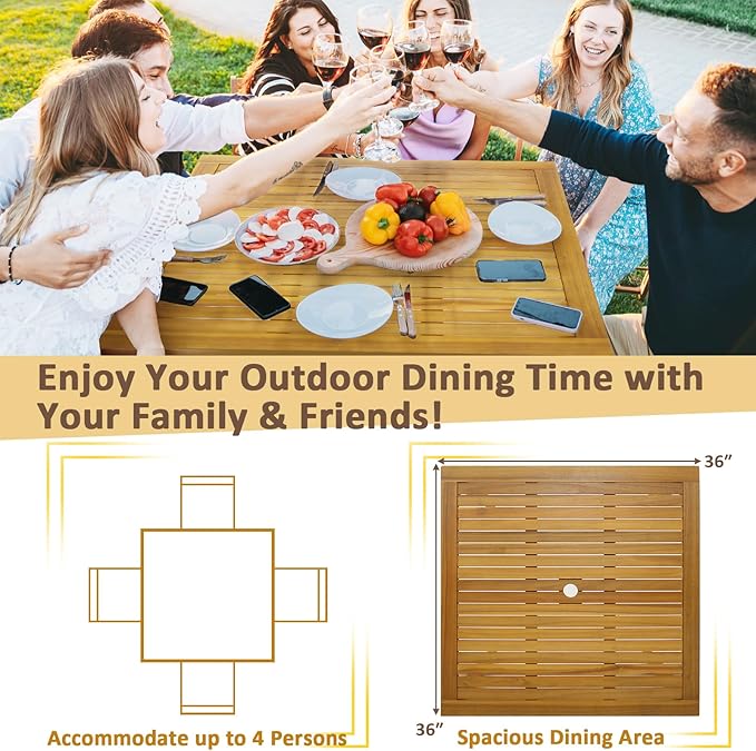 Tangkula 36" Square Outdoor Dining Table, Acacia Wood 4-Person Patio Dining - Image 8