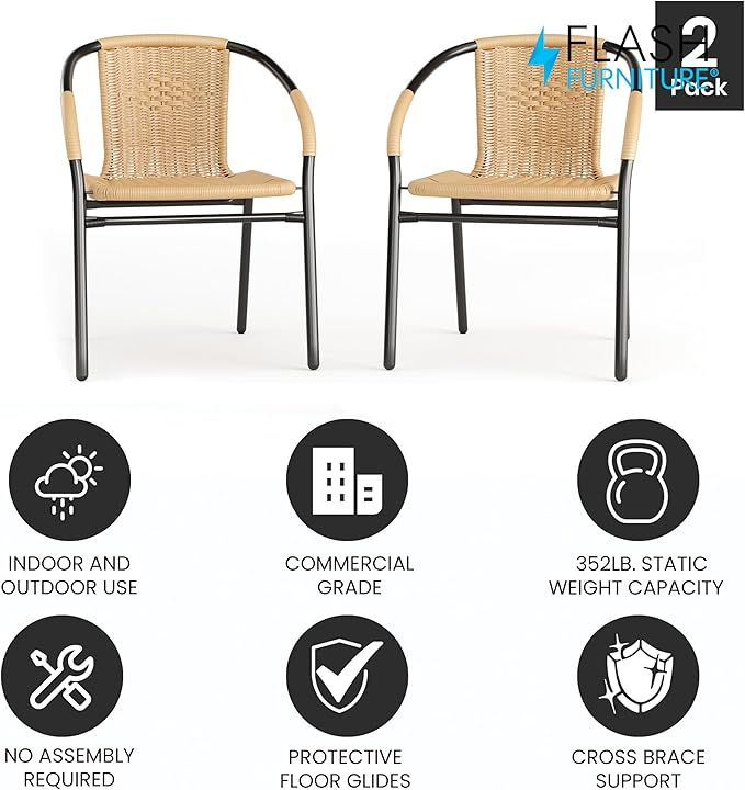 Flash Furniture Lila 2 Pack Beige Rattan Indoor-Outdoor Restaurant Stack Chair - Image 4