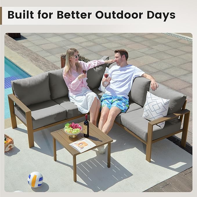 UDPATIO 6 Piece Patio Furniture Set, Faux Wood Metal Outdoor Sectional Sofa - Image 8