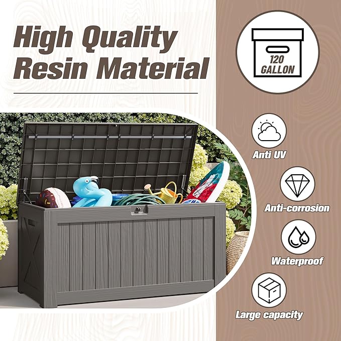 JUMMICO 120 Gallon Resin Deck Box, Large Outdoor Storage Box Waterproof & - Image 3