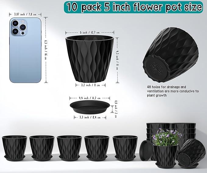 10 Pack 5 Inch Plant Pots with Drainage and Saucers, Stackable Nursery Planters - Image 2