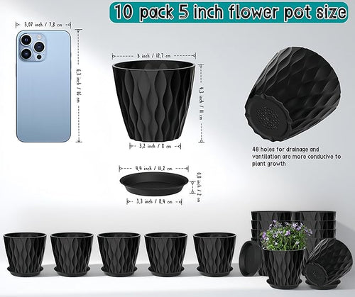 10 Pack 5 Inch Plant Pots with Drainage and Saucers, Stackable Nursery Planters - Image 2