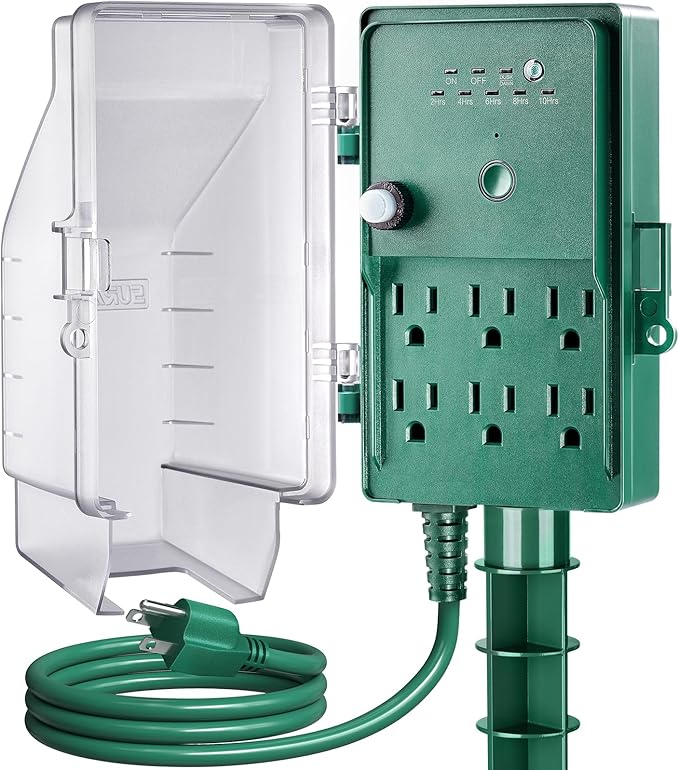 SURAIELEC Outdoor Power Stake, Dusk to Dawn Light Timer, 6 Electrical Outlet by SURAIELEC