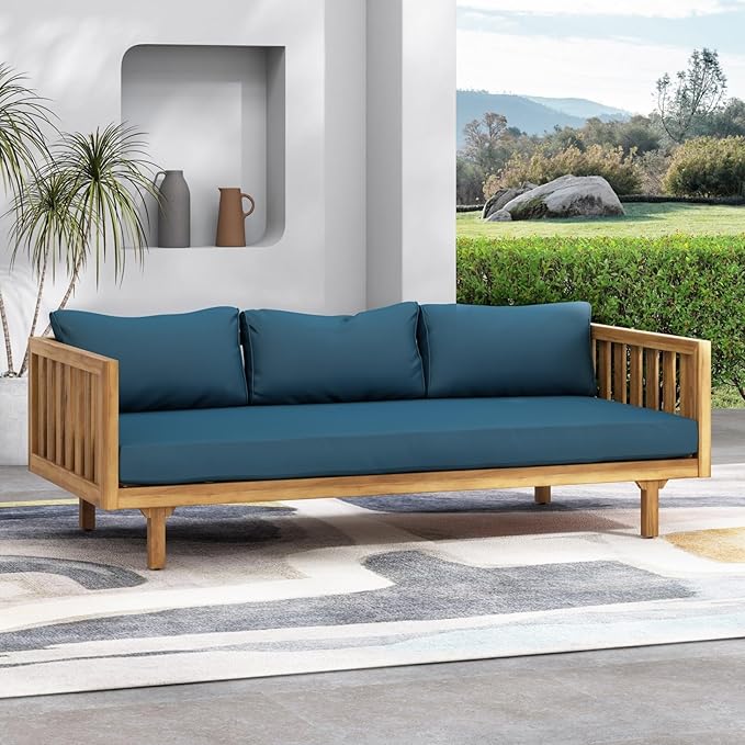 Merax Solid Acacia Wood Couch Chaise Lounge Chair Indoor, 3 Seater Daybed Sofa - Image 8