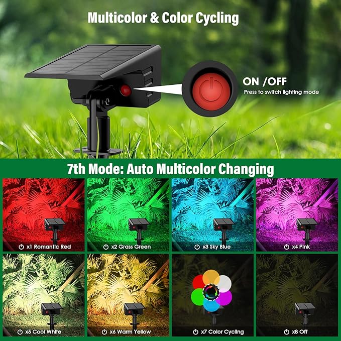 Solar Spot Lights Outdoor with 7 Lighting Modes RGB, 2 Pack Solar Color - Image 3