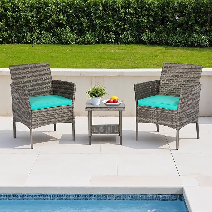 FDW | 3-Piece Patio Furniture Set | Gray & Blue | Outdoor Wicker Furniture - Image 2