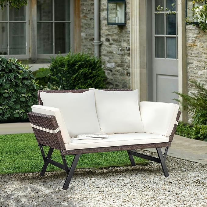 Greesum Outdoor Sofa, Woven Rattan Patio Furniture, Convertible Daybed or - Image 4