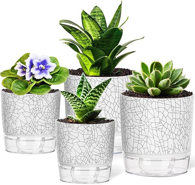 Self Watering Pots for Indoor Plants, 4/5.5 Inch Crackle Pattern Planters by Samhe
