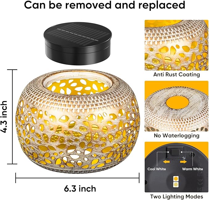 Solar Lanterns Outdoor Waterproof: 2 Pack White Gold Hollow Out Metal Solar - Image 2
