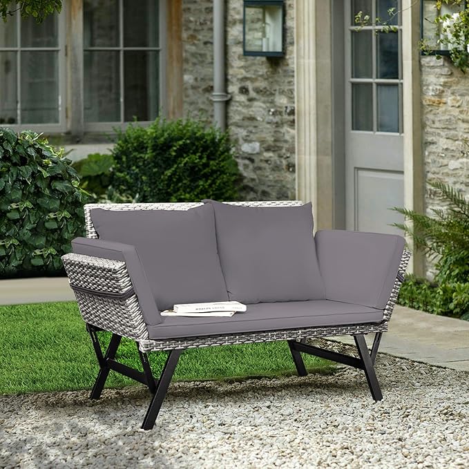 Greesum Outdoor Sofa, Woven Rattan Patio Furniture, Convertible Daybed or - Image 4