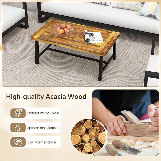 Tangkula Outdoor Acacia Wood Coffee Table, Rectangle Rustic Accent Table - Image 5