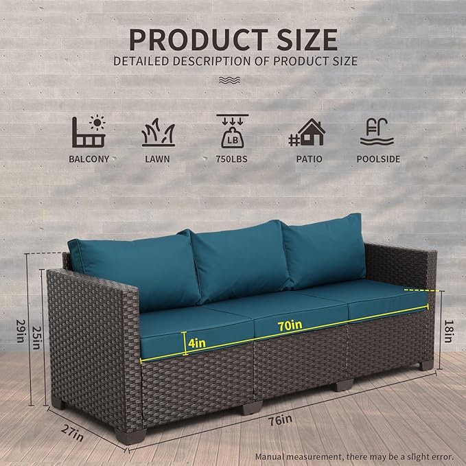WAROOM Patio Couch PE Rattan 3-Seat Outdoor Sofa Brown Wicker Furniture Set - Image 3
