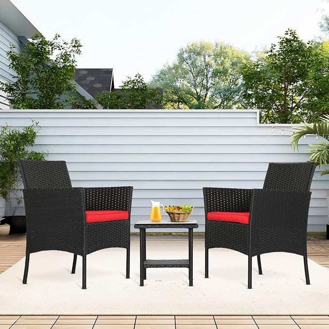 FDW | 3-Piece Patio Furniture Set | Black & Red | Outdoor Wicker Furniture - Image 7