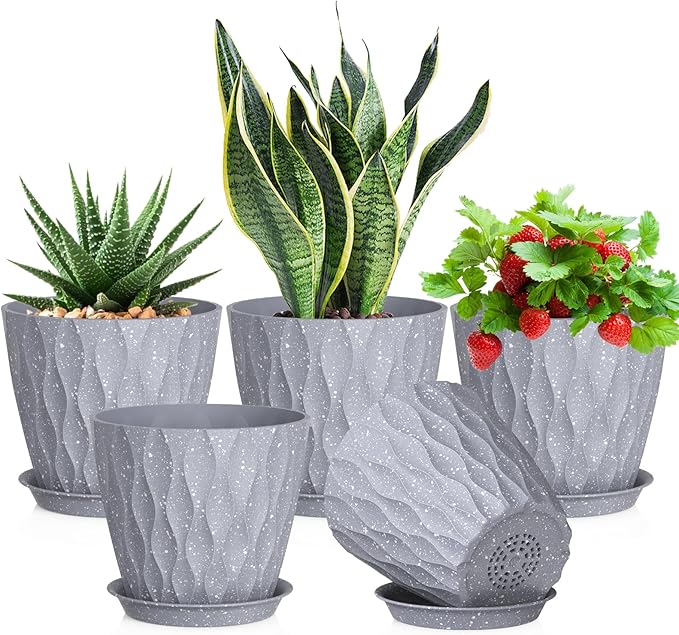 7 inch Plant Pots for Indoor Outdoor Plants, 5 Pack Thick Flower Pots by Meowell