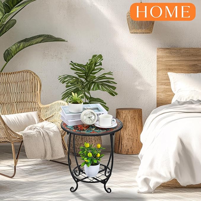 Outdoor Side Table Round Small Mosaic Patio Accent Indoor End Plant Coffee Tea - Image 2