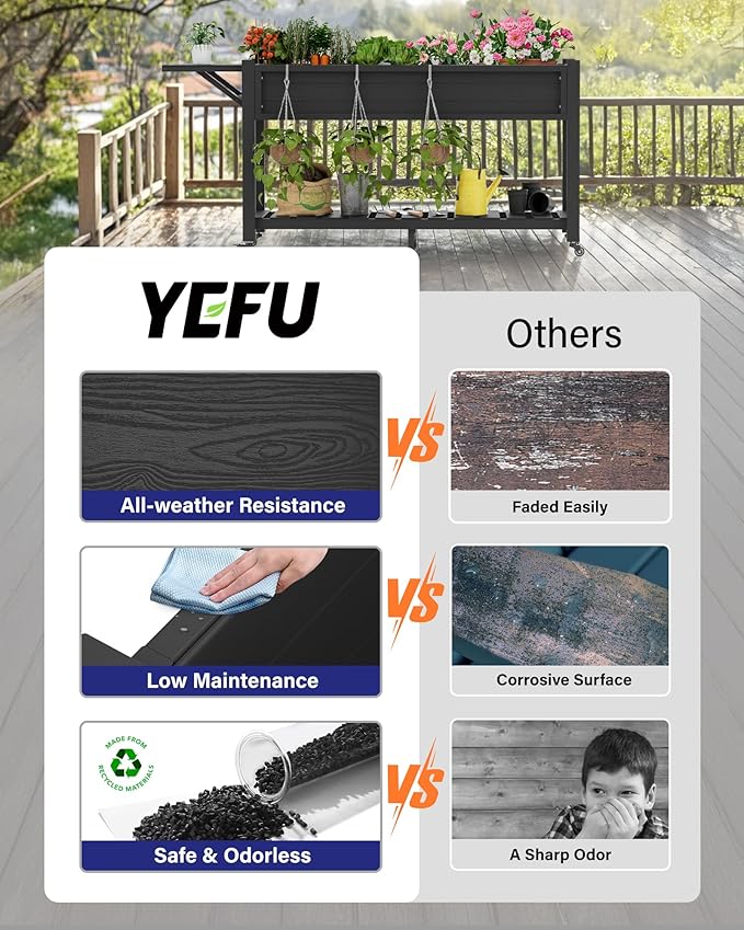 YEFU Raised Garden Bed with Legs: 57x18x30in Elevated Poly Planter with Wheels - Image 3