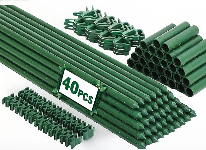 Garden Stakes 40 Pack, 16 Inch Plastic Coated Metal Tomato Stakes, DIY 4ft 5ft by Tegarbed