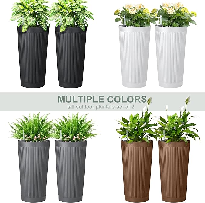 24" Large Planter Set of 2, Self Watering Tall Plastic Planters - Image 6